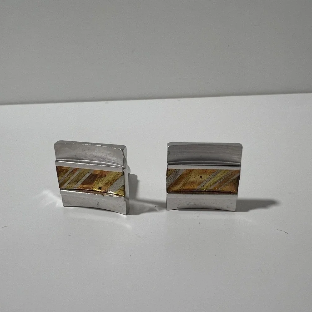 Vintage Anson Silver tone‎ square cufflinks w mixed metal rectangle bullet back
